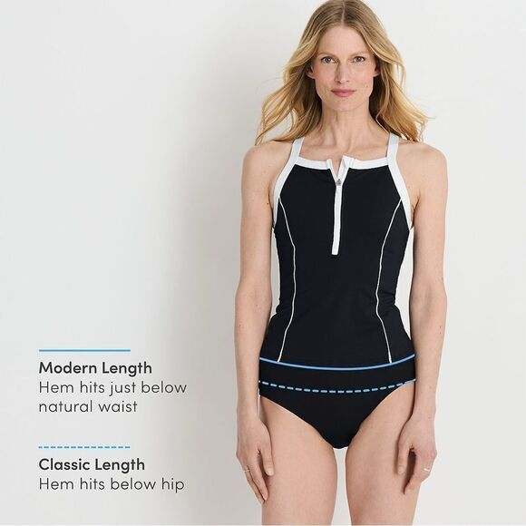 Land’s End Plus Regular sizes zip front soft cup tankini black white Various - Picture 2 of 8